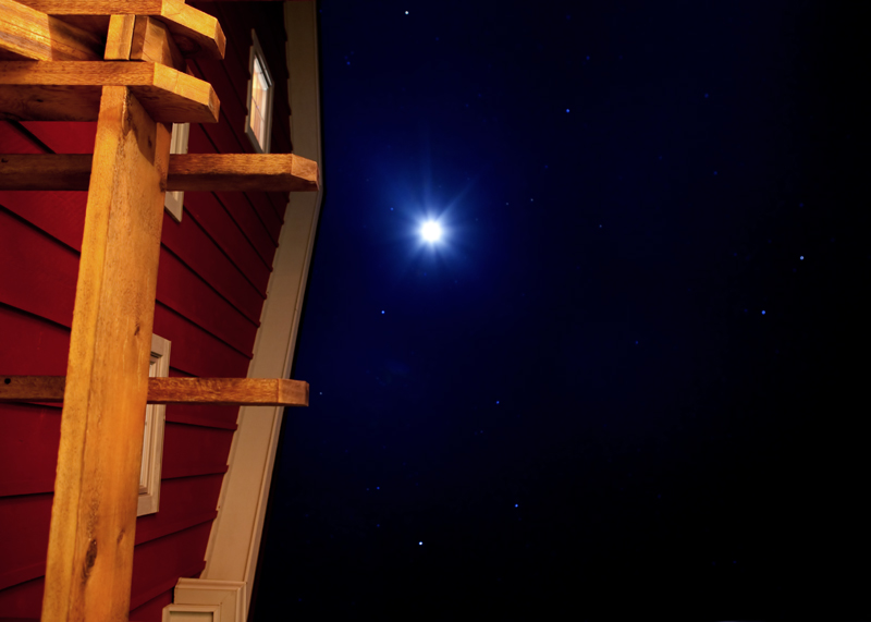 Moon, stars, house
